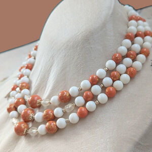 Midcentury Three Strand White And Orange Gold Flecked Caramel Beads Japan